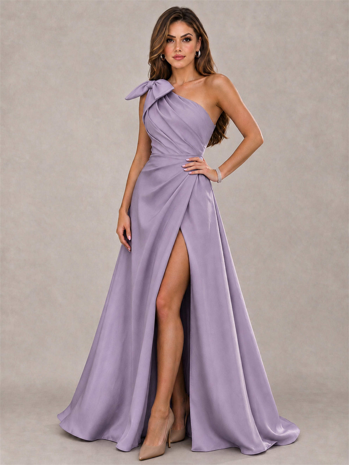 One Shoulder Bow Detail Satin Formal Dress with High Slit