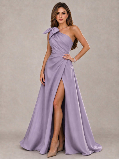 One Shoulder Bow Detail Satin Formal Dress with High Slit