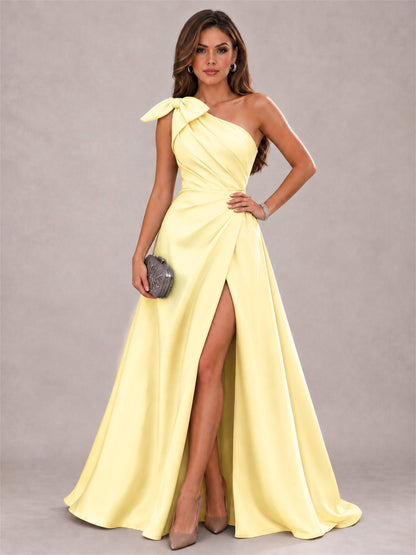 One Shoulder Bow Detail Satin Formal Dress with High Slit