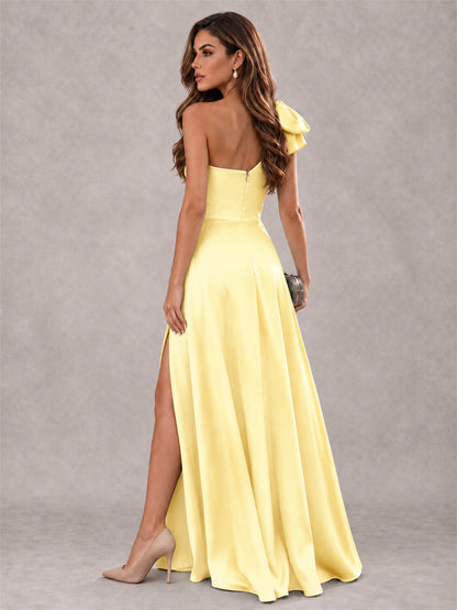 One Shoulder Bow Detail Satin Formal Dress with High Slit