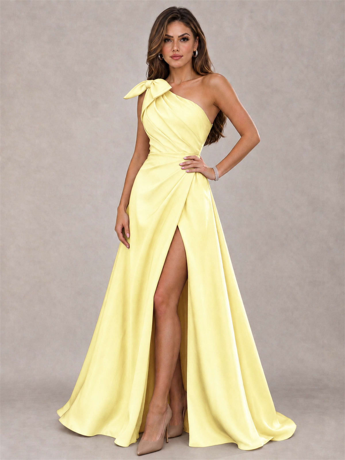 One Shoulder Bow Detail Satin Formal Dress with High Slit