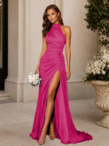 Free Shipping Halter Neck Ruched Waist Slit Side Open Back Floor Length Maxi Evening Gown