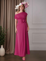 One-Shoulder Pleated Chiffon A-Line Tea Length Mother of the Bride Dress with Floral Detail & Ruffles