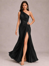 One Shoulder Ruched Chiffon Mermaid Pleated Wedding Guest Dress with Split Side