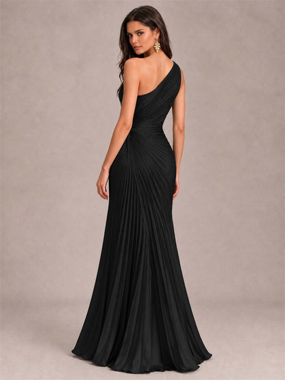 One Shoulder Ruched Chiffon Mermaid Pleated Wedding Guest Dress with Split Side