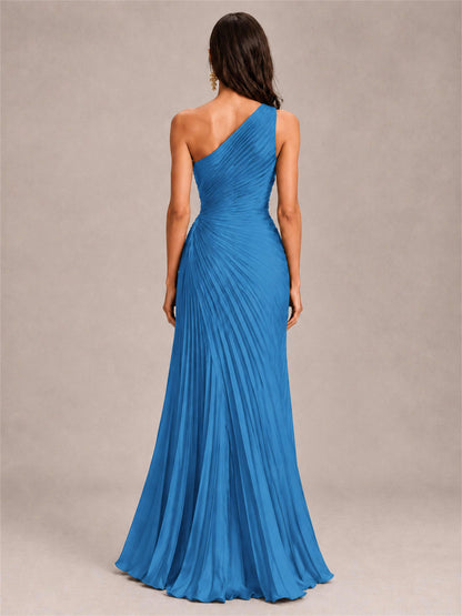 One Shoulder Ruched Chiffon Mermaid Pleated Wedding Guest Dress with Split Side