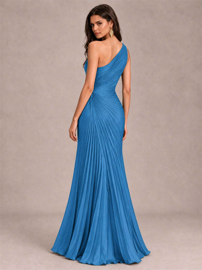 One Shoulder Ruched Chiffon Mermaid Pleated Wedding Guest Dress with Split Side