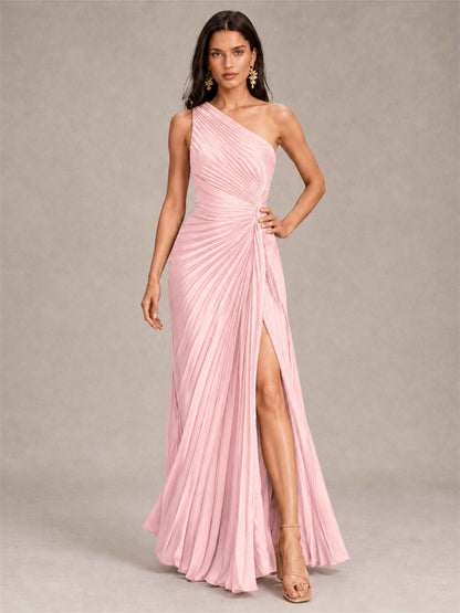 One Shoulder Ruched Chiffon Mermaid Pleated Wedding Guest Dress with Split Side