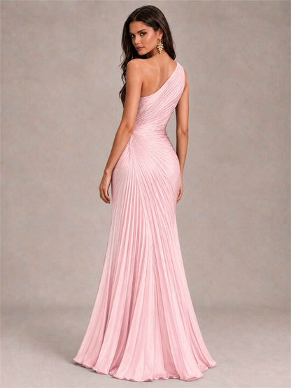One Shoulder Ruched Chiffon Mermaid Pleated Wedding Guest Dress with Split Side