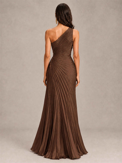 One Shoulder Ruched Chiffon Mermaid Pleated Wedding Guest Dress with Split Side