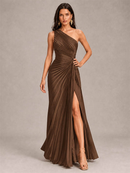 One Shoulder Ruched Chiffon Mermaid Pleated Wedding Guest Dress with Split Side