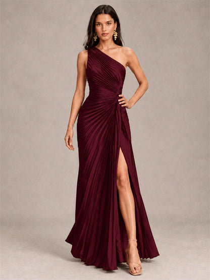 One Shoulder Ruched Chiffon Mermaid Pleated Wedding Guest Dress with Split Side