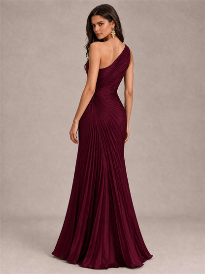 One Shoulder Ruched Chiffon Mermaid Pleated Wedding Guest Dress with Split Side