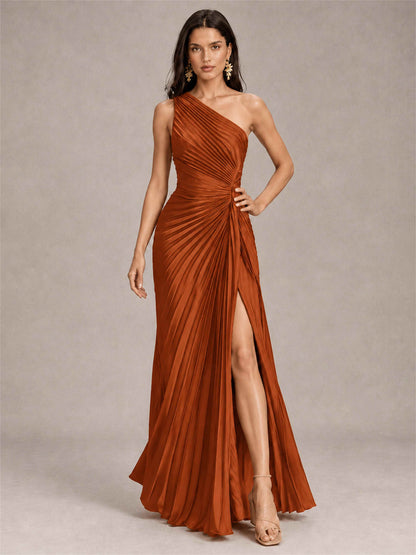 One Shoulder Ruched Chiffon Mermaid Pleated Wedding Guest Dress with Split Side