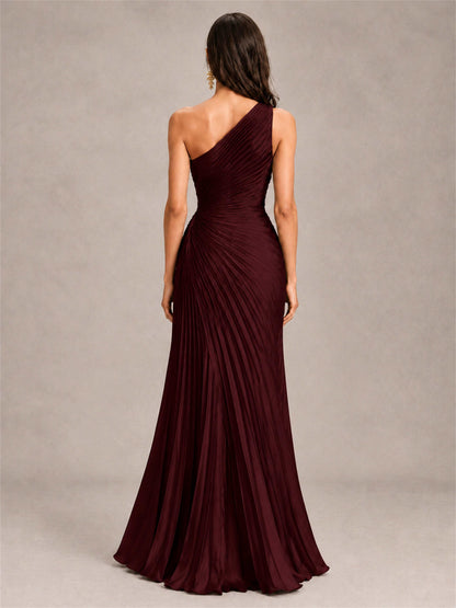One Shoulder Ruched Chiffon Mermaid Pleated Wedding Guest Dress with Split Side