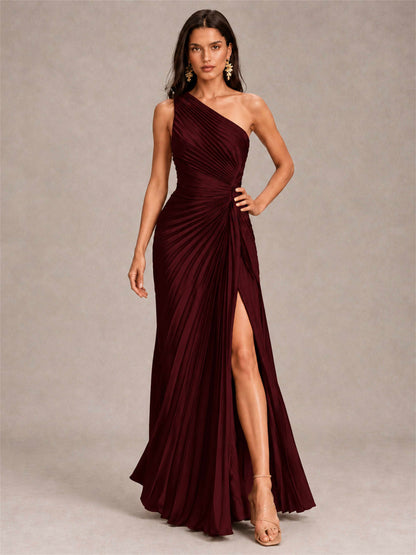 One Shoulder Ruched Chiffon Mermaid Pleated Wedding Guest Dress with Split Side