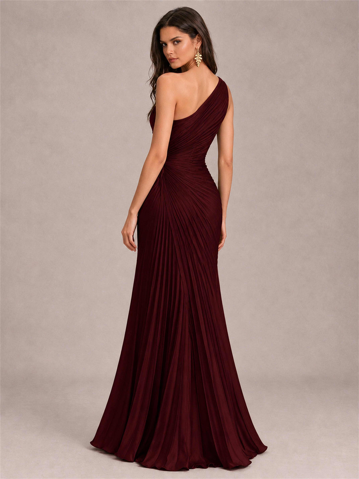 One Shoulder Ruched Chiffon Mermaid Pleated Wedding Guest Dress with Split Side
