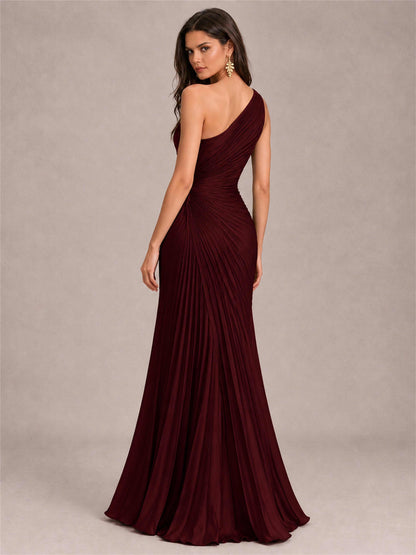 One Shoulder Ruched Chiffon Mermaid Pleated Wedding Guest Dress with Split Side