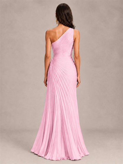 One Shoulder Ruched Chiffon Mermaid Pleated Wedding Guest Dress with Split Side