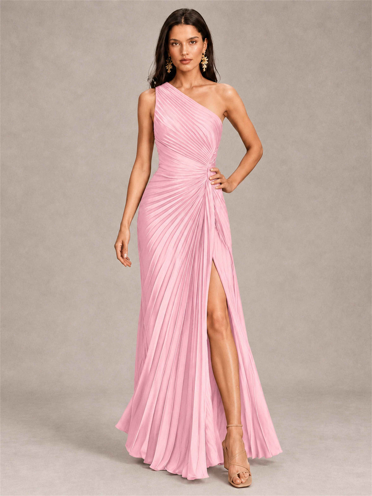 One Shoulder Ruched Chiffon Mermaid Pleated Wedding Guest Dress with Split Side