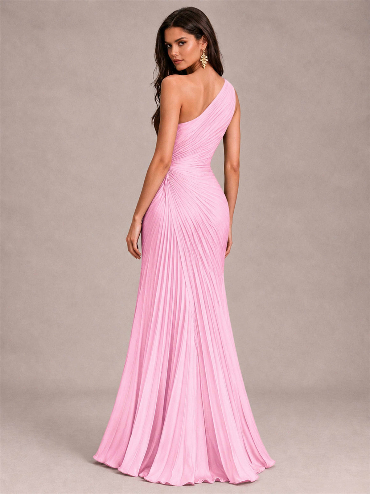 One Shoulder Ruched Chiffon Mermaid Pleated Wedding Guest Dress with Split Side