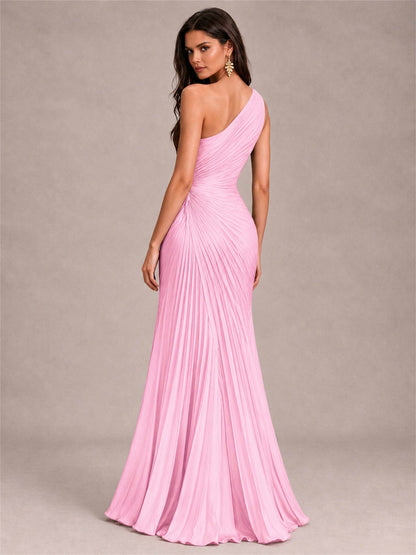 One Shoulder Ruched Chiffon Mermaid Pleated Wedding Guest Dress with Split Side