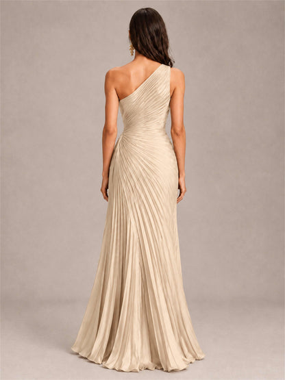 One Shoulder Ruched Chiffon Mermaid Pleated Wedding Guest Dress with Split Side