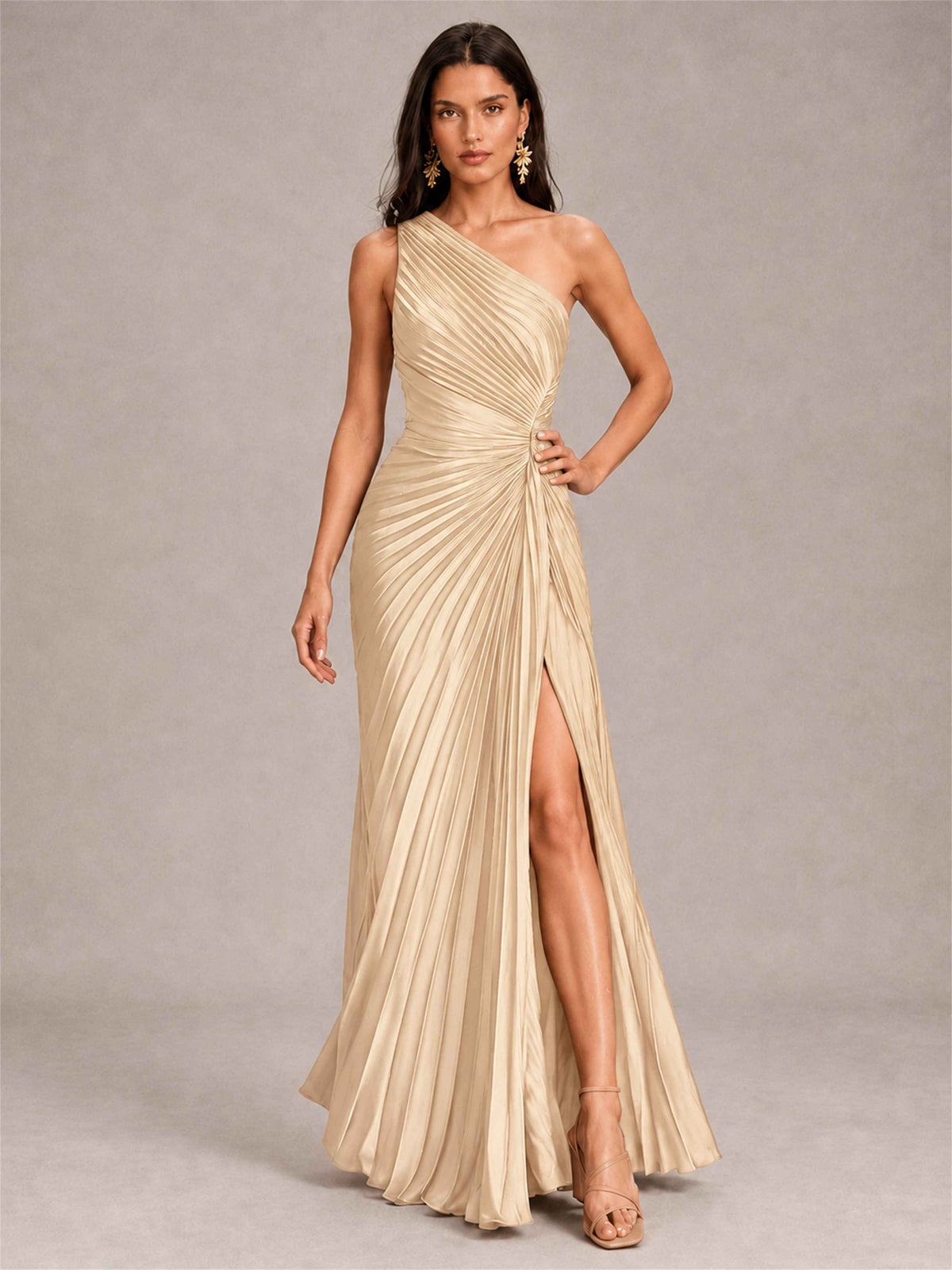 One Shoulder Ruched Chiffon Mermaid Pleated Wedding Guest Dress with Split Side