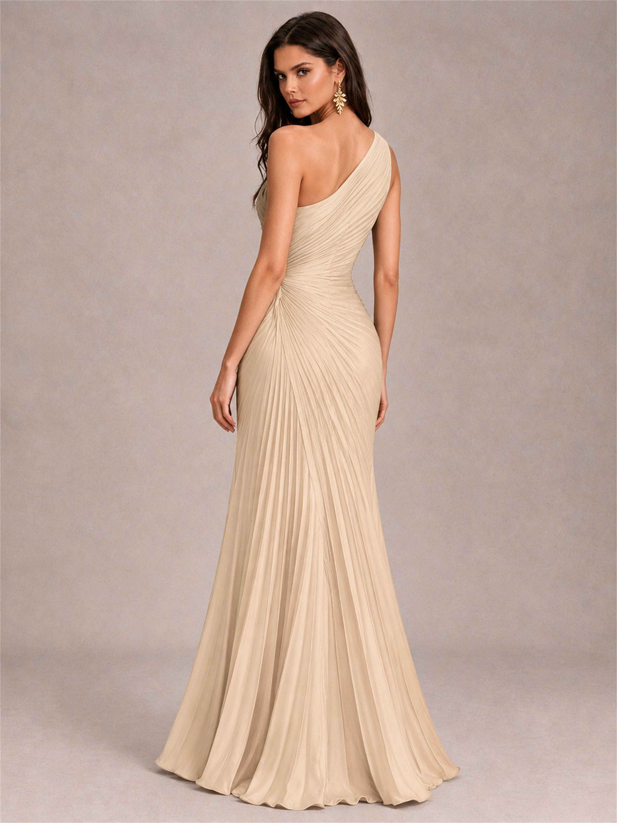 One Shoulder Ruched Chiffon Mermaid Pleated Wedding Guest Dress with Split Side