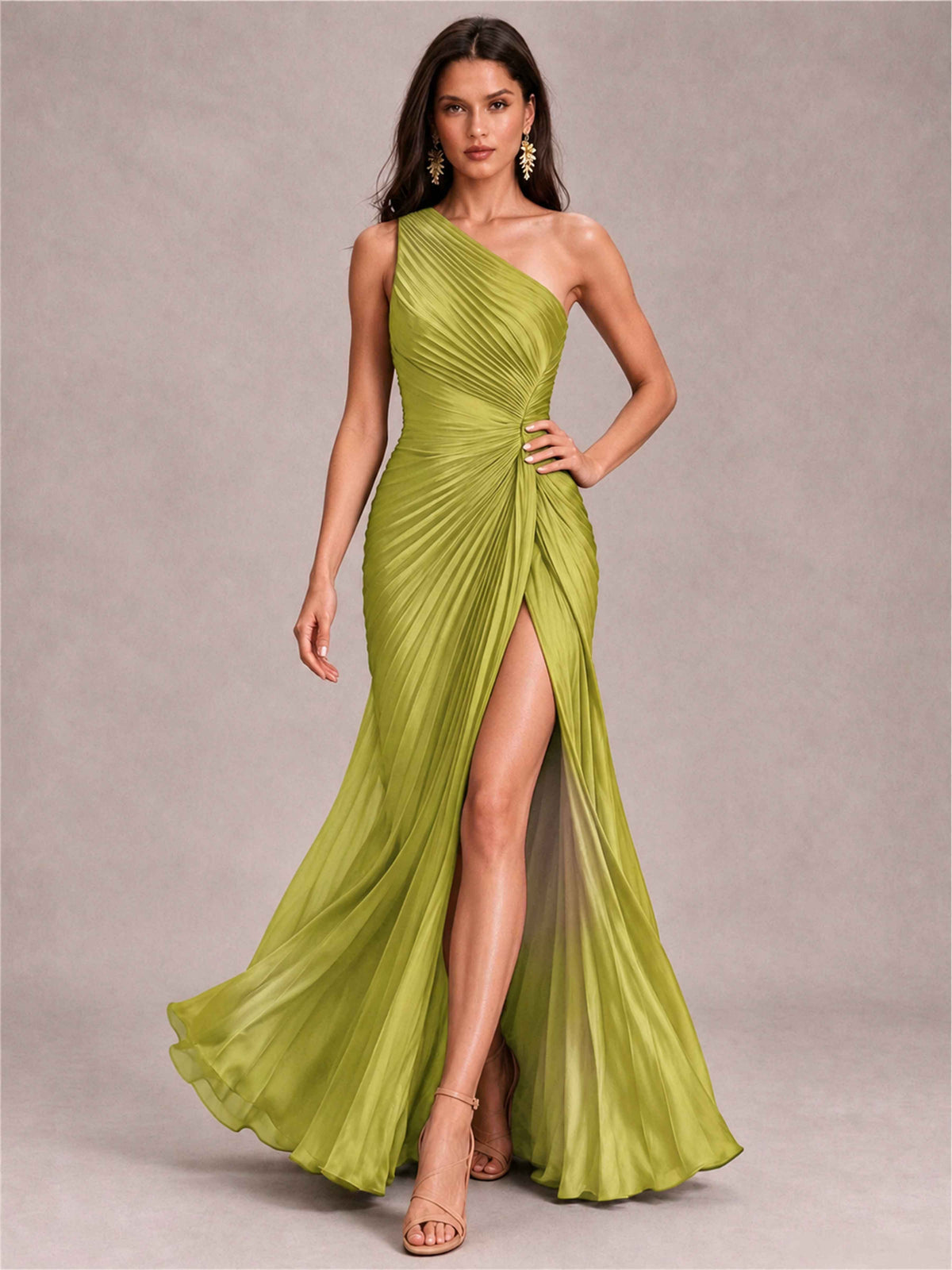 One Shoulder Ruched Chiffon Mermaid Pleated Wedding Guest Dress with Split Side