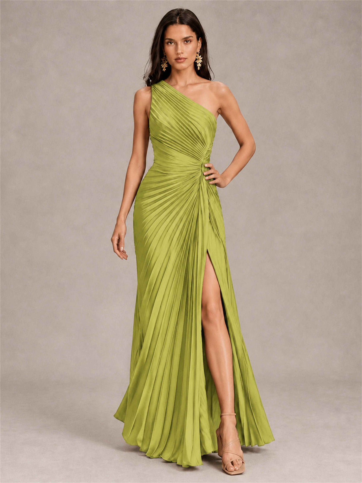 One Shoulder Ruched Chiffon Mermaid Pleated Wedding Guest Dress with Split Side
