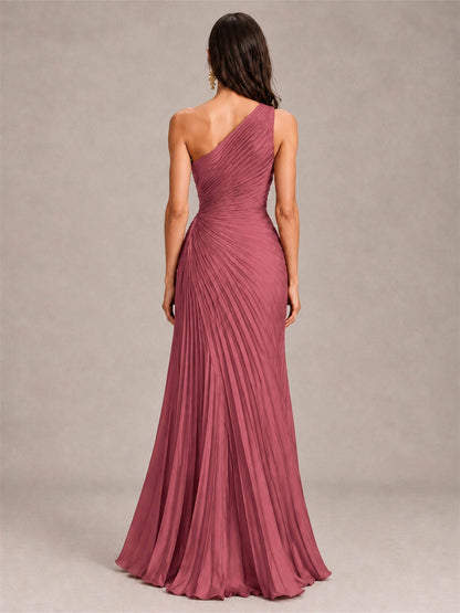 One Shoulder Ruched Chiffon Mermaid Pleated Wedding Guest Dress with Split Side