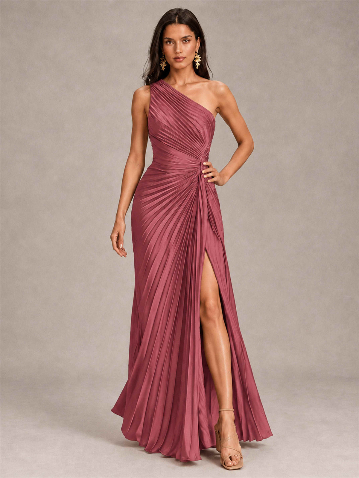 One Shoulder Ruched Chiffon Mermaid Pleated Wedding Guest Dress with Split Side