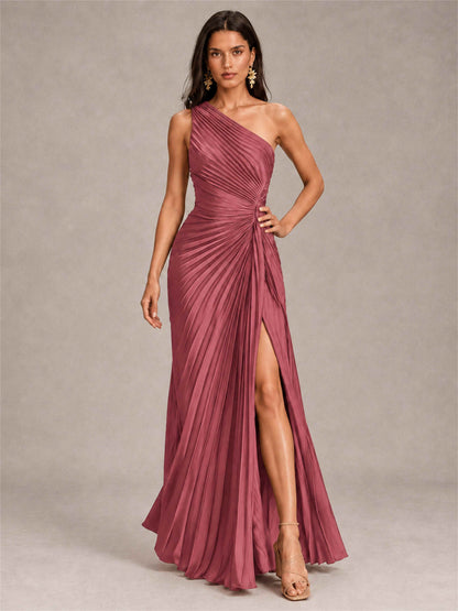 One Shoulder Ruched Chiffon Mermaid Pleated Wedding Guest Dress with Split Side