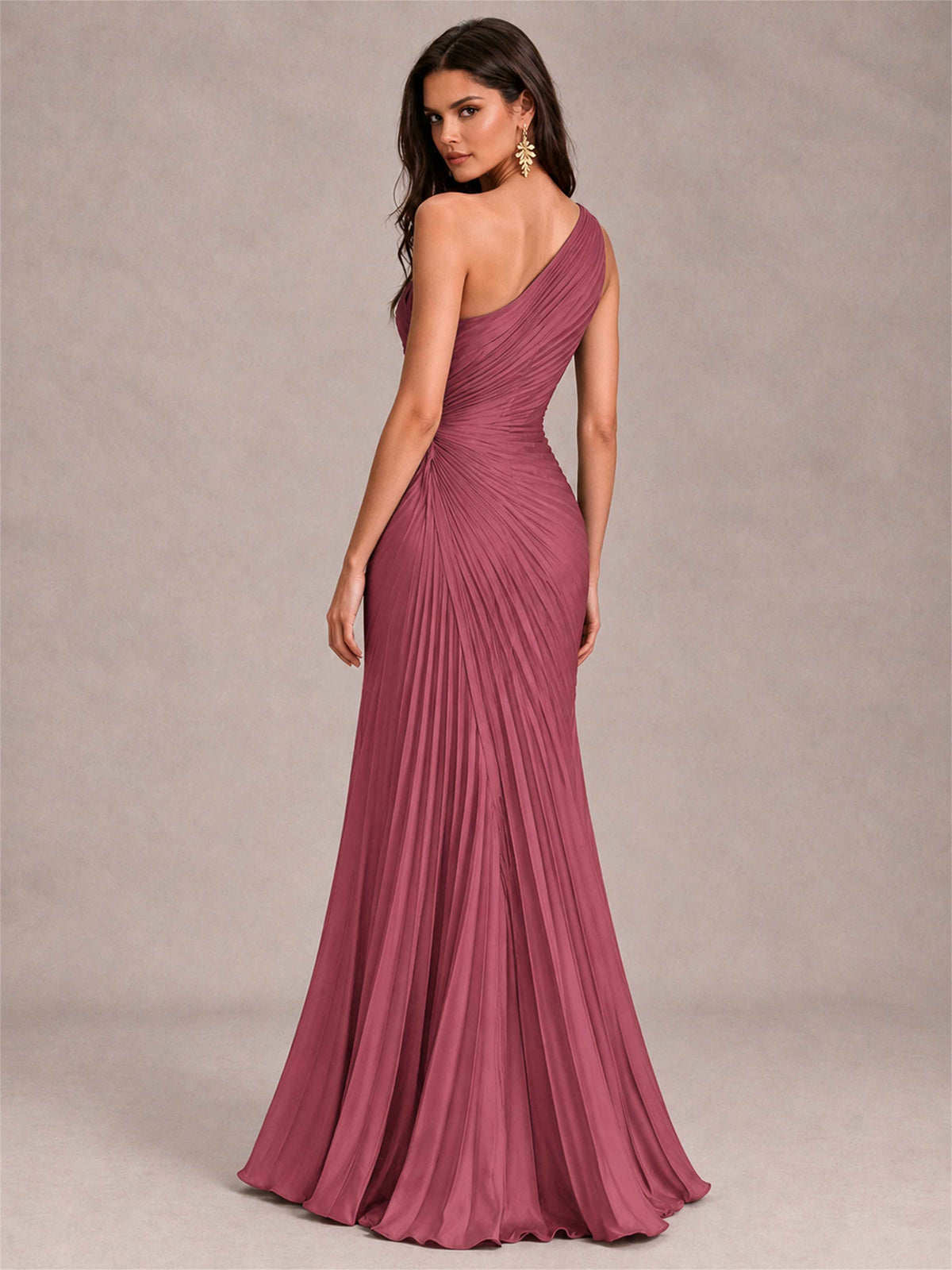 One Shoulder Ruched Chiffon Mermaid Pleated Wedding Guest Dress with Split Side