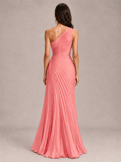 One Shoulder Ruched Chiffon Mermaid Pleated Wedding Guest Dress with Split Side