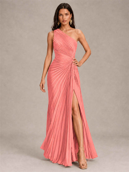 One Shoulder Ruched Chiffon Mermaid Pleated Wedding Guest Dress with Split Side