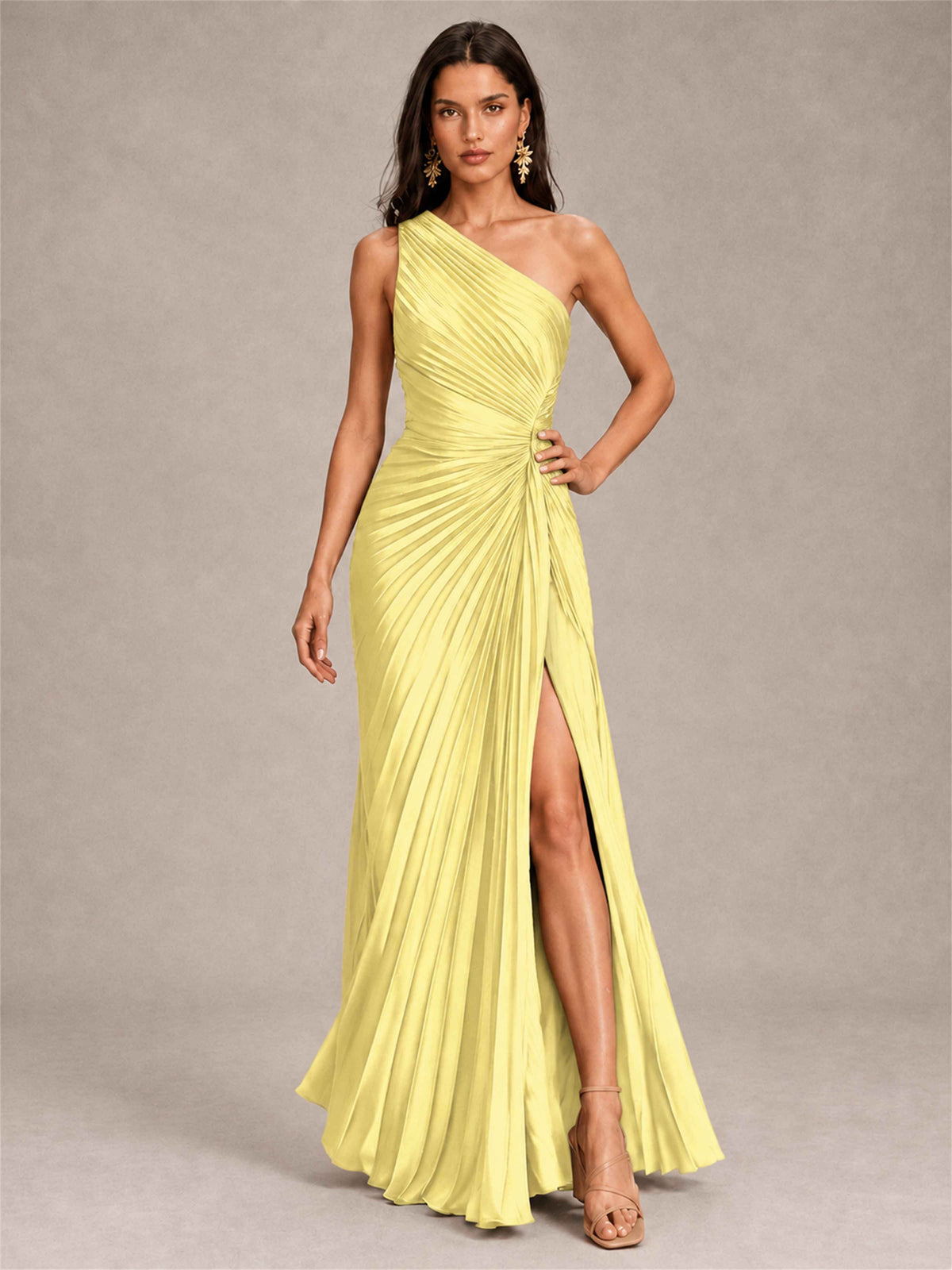 One Shoulder Ruched Chiffon Mermaid Pleated Wedding Guest Dress with Split Side