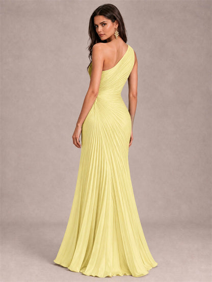 One Shoulder Ruched Chiffon Mermaid Pleated Wedding Guest Dress with Split Side