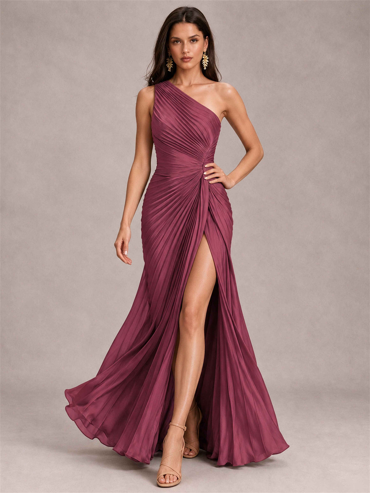 One Shoulder Ruched Chiffon Mermaid Pleated Wedding Guest Dress with Split Side