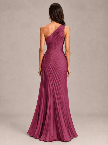 One Shoulder Ruched Chiffon Mermaid Pleated Wedding Guest Dress with Split Side