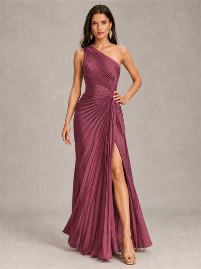 One Shoulder Ruched Chiffon Mermaid Pleated Wedding Guest Dress with Split Side