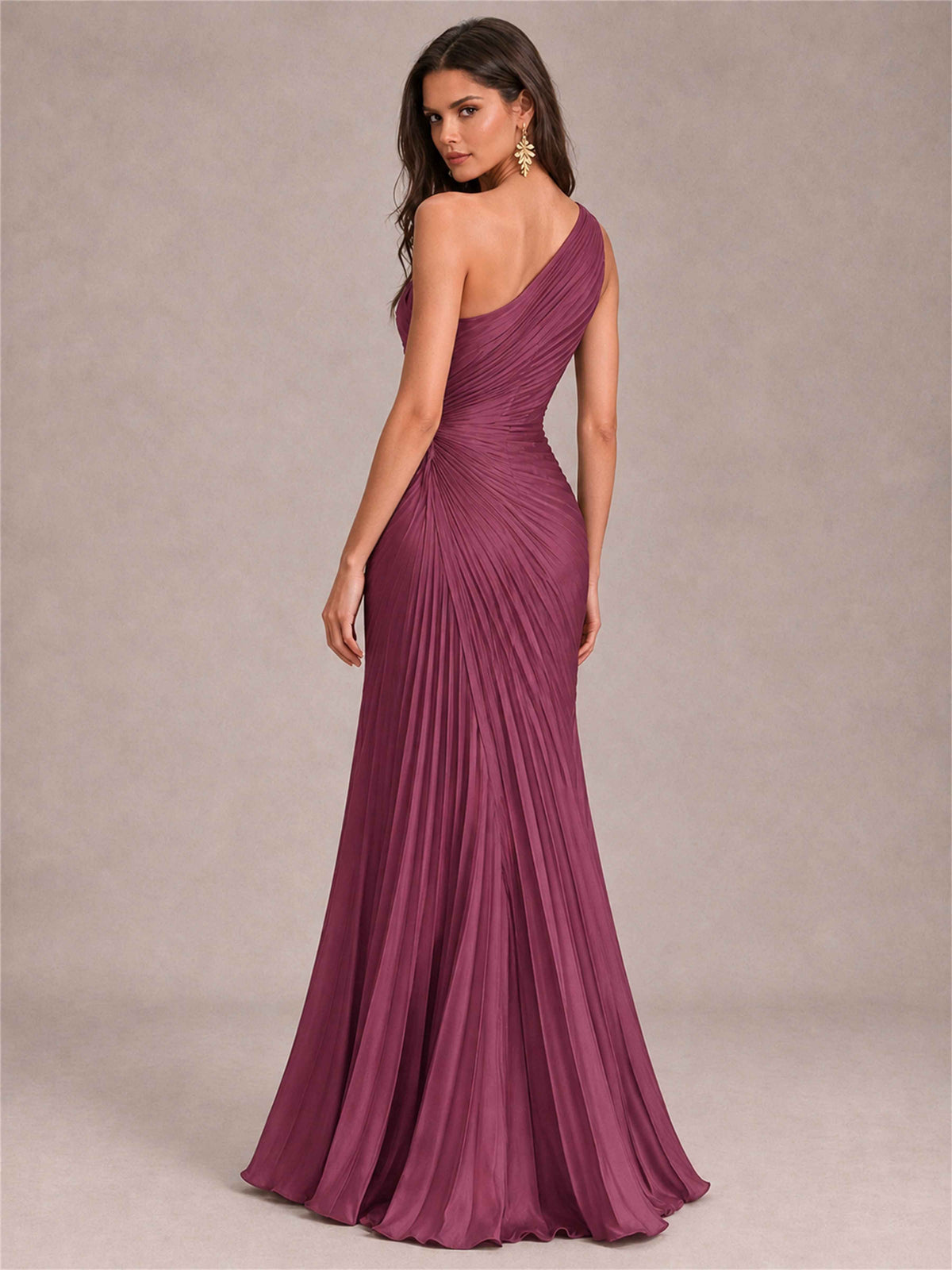 One Shoulder Ruched Chiffon Mermaid Pleated Wedding Guest Dress with Split Side