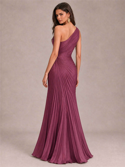 One Shoulder Ruched Chiffon Mermaid Pleated Wedding Guest Dress with Split Side