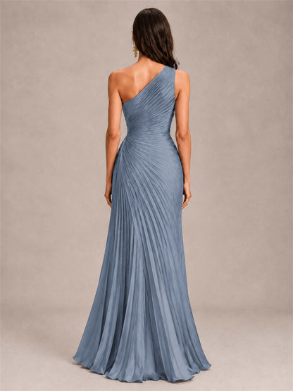 One Shoulder Ruched Chiffon Mermaid Pleated Wedding Guest Dress with Split Side