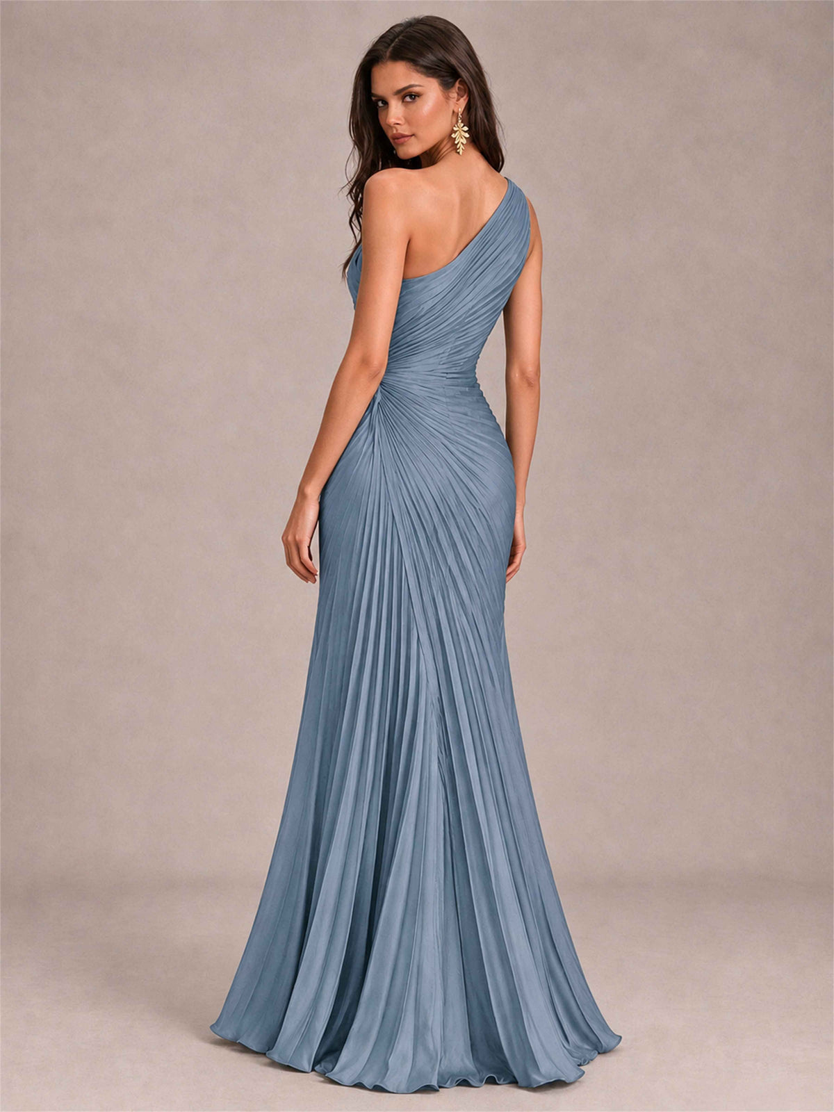 One Shoulder Ruched Chiffon Mermaid Pleated Wedding Guest Dress with Split Side