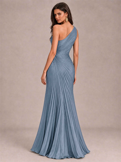 One Shoulder Ruched Chiffon Mermaid Pleated Wedding Guest Dress with Split Side