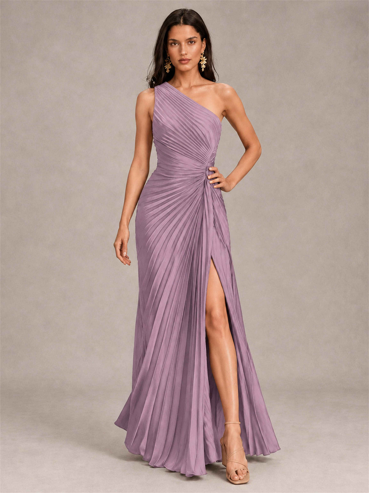 One Shoulder Ruched Chiffon Mermaid Pleated Wedding Guest Dress with Split Side