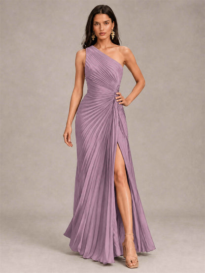 One Shoulder Ruched Chiffon Mermaid Pleated Wedding Guest Dress with Split Side