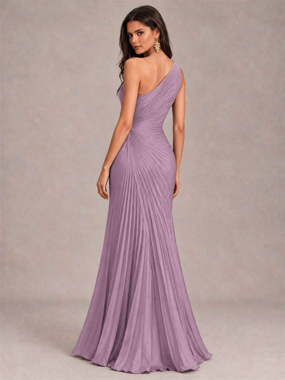 One Shoulder Ruched Chiffon Mermaid Pleated Wedding Guest Dress with Split Side
